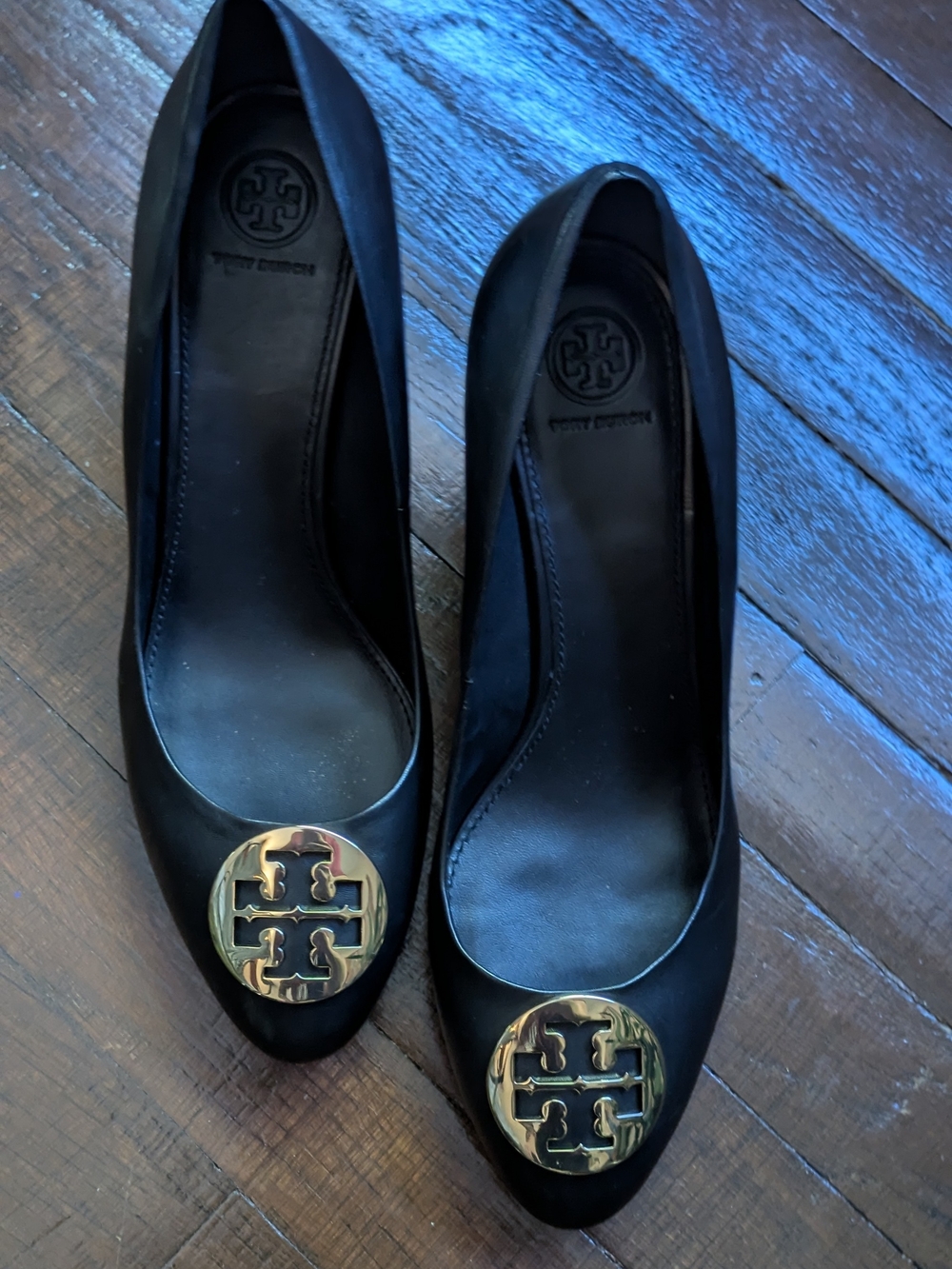 Tory Burch Black Leather Wedge Heels with Gold Logo